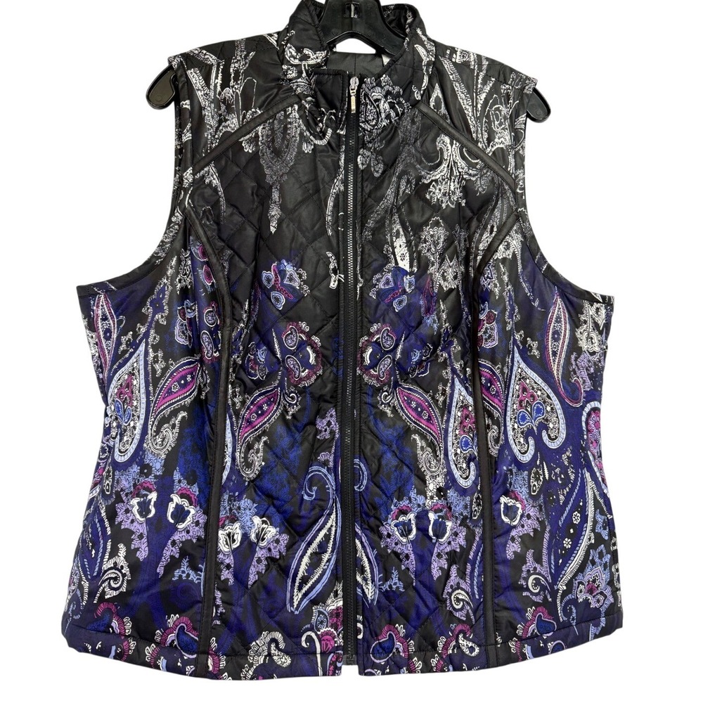 Zenergy by Chico's Quilted all over Print Vest Women's Size 2 Black Blue Pink‎